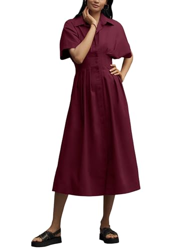 Image of Yeokou Shirt Dress for Women Summer Casual Short Sleeve Button Down Loose Pleated Maxi Sundress with Pockets