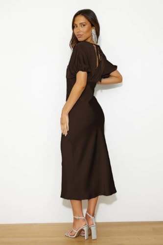 Image of Summer Satin V Neck Puffy Sleeves Empire Waist Midi Dresser Silk Sexy Tie Back Formal Cocktail Dresser for Women Wedding