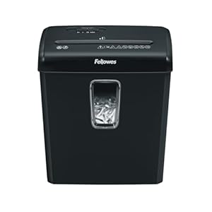 Fellowes papierversnipperaar 6 vel (P4), papiervernietiger voor thuis en kantoor aan huis, Powershred FS-6C, papiervernietiger met 15 liter prullenbak, verwerkt creditcards, nietjes, zwart