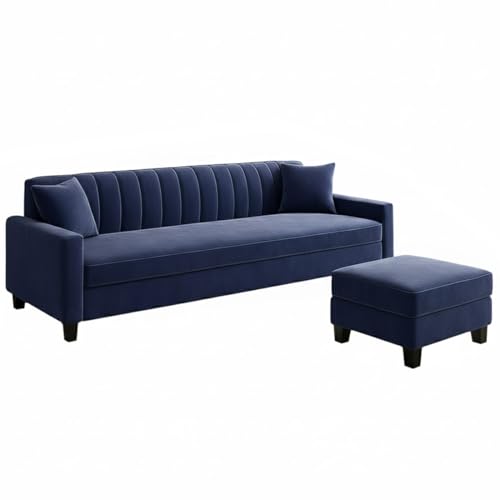 Image of Furny Aveira 4 Seater Fabric Sofa Set with Ottoman (Blue) | Soft Velvet Fabric | Modern Design | Comfortable Seating | Living Room Furniture