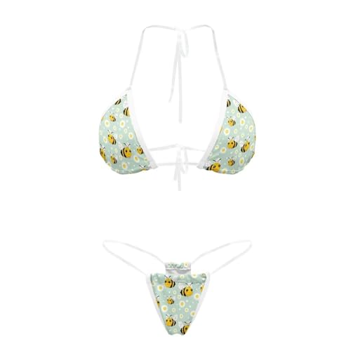 Qznuberone Swimsuits for Curvy Women Micro Bikini Set Bee Print Halter Two Piece Swimsuit Triangle Bathing Suits 2 Pcs Transparent Straps Swimwear Outfits,Tropical Green Palm Leaves