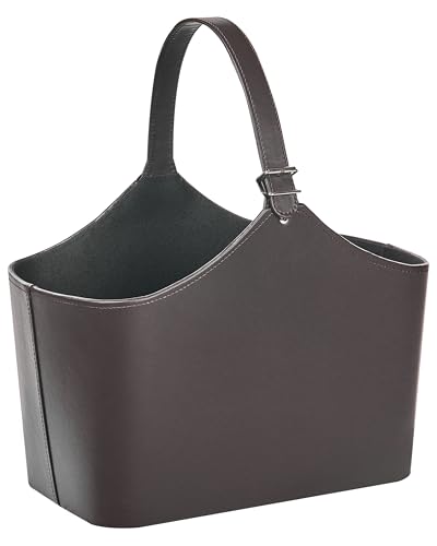 Cesta de almacenaje tradicional hecha a mano con asas revistero de piel sintética marrón oscuro Elam