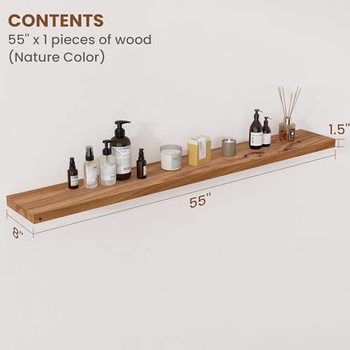 Image of Floating Shelves for Wall Decor, 8 inch Deep Rustic Solid Elm Wood Floating Shelves Wall Mounted, Wall Shelves with Invisible Bracket for Living Room Bathroom Bedroom Kitchen, 55 Inch Set of 1, Natural