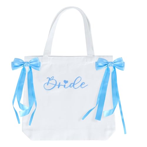 Bride Canvas Tote Bag with Blue Satin Bows, Bachelorette Party Decorations