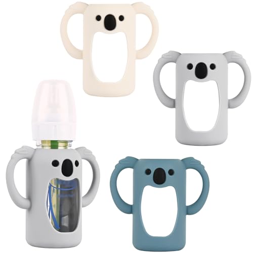 Image of HUAKENER 3 Pack Silicone Sleeves with Handles for Dr Brown's Glass Baby Bottles 4 oz, Anti Breakage Baby Bottle Holder, Compatible with Dr. Brown's Natural Narrow Glass Baby Bottles