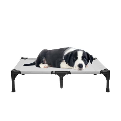 Cooling Elevated Dog Bed, Raised Dogs Cot Beds with No-Slip Feet, Outdoor Pet Cot with Washable Breathable Mesh and Metal Frame, Grey, M, 35 x 22 x 7 Inch