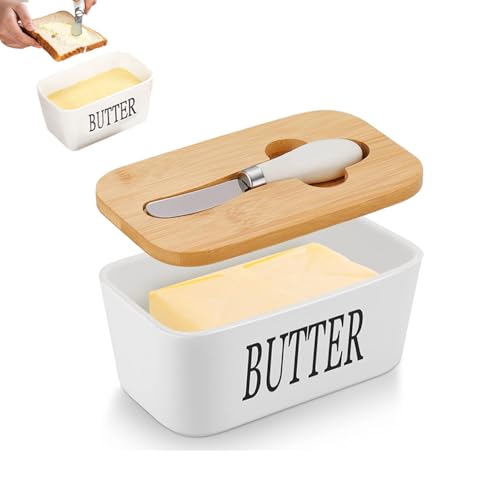 Large Butter Dish with Lid and Knife, Ceramic White Butter Dish with Lid for Butter Nuts Cheese 350 ml