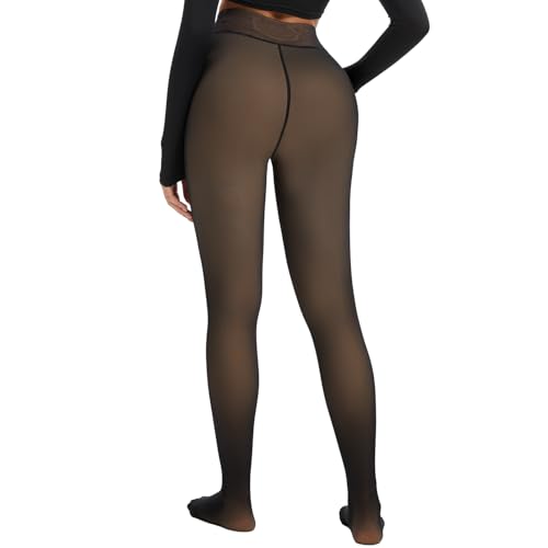 Fleece Lined Tights Women 300G Thick One Line Thermal Winter Warm Translucent Black Sheer