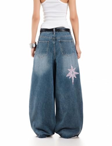Fullneat Women's Wide Leg Jeans Y2K Retro Streetwear Extra Baggy Denim Pants with Star Patchwork