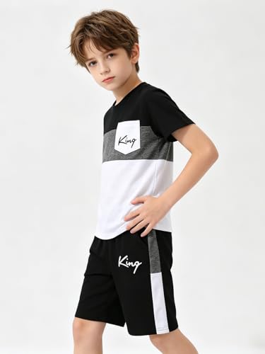 Image of Size 6-12 Years Boys Summer Outfits Set Kids Short Sleeve Top T-Shirt & Shorts Color Block Clothing Sets