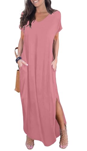 Image of GRECERELLE Women's Summer Maxi Dress Casual Loose V Neck Short Sleeve Side Split Long Dresses with Functional Pockets