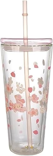 AOBOPO 真空断熱二重構造タンブラーグラス 耐熱ガラス製で耐冷・耐熱両対応 蓋付き+ストロー付きで密閉性透明デザインでドリンクの色調を美しく映し出す オフィス用・日常使いに最適 飲み物容器(コップ)として多様ドリンクに対応 卒業祝い・就職祝いの贈り物に