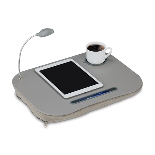 Relaxdays Soporte Ordenador Portátil con Cojín, Luz LED, Mesa Cama con Posavasos, Bandeja Blanda para el Regazo, Gris