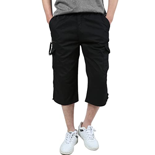 Aotoyou Shorts et Bermudas Cargo Homme 100% Coton Pantacourt Été Short Long Homme Taille Elastique avec Poches, Noir 5XL