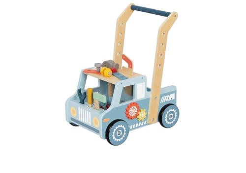 TOOKY TOY Chariot de marche avec établi en bois FSC - Trotteur enfant avec outils & accessoires, jouet montessori éducatif, développe motricité, cognitif &...