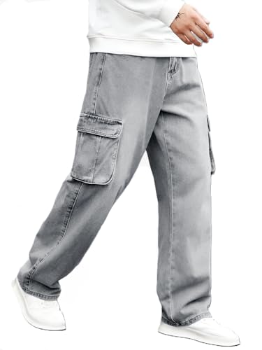 Image of Ben Martin Men's Denim Cotton Cargo Jeans || Stretchable Baggy Fit || High Waist Loose Cargos for Men with Box Pockets || Stylish Gen-Z Streetwear || Sizes 28-40 || Black, Khaki, Grey & More