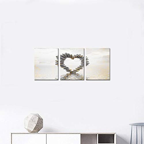 3 Piece Romantic Love Theme Bathroom Canvas Prints Beach Stone Heart Sharp Pictures Artwork Ocean Wall Art Paintings For Bedroom Wall Decorations Gift 12"X16"X3Pcs #TOP2