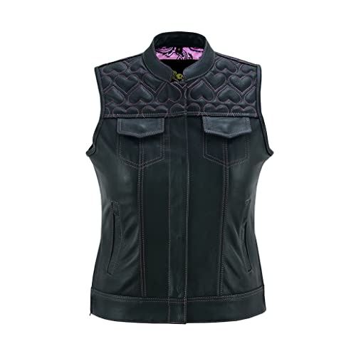 Leatherick Chaleco de cuero negro para motocicleta para mujer Forro tradicional de satén Paisley con costuras de corazón rosa (M, Costura Rosa)