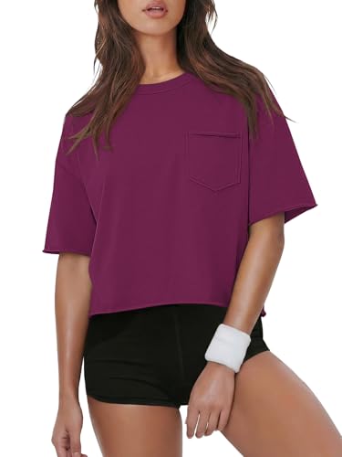 Image of ATHMILE Womens Crop Tops Workout Shirts Gym Oversized Spring Summer Basic Tees Short Sleeve Casual Loose Drop Shoulder 2026