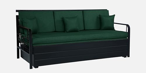 Image of 3 Seater Metal Sofa Cum Bed with Hydraulic Storage | Sofa Set for, Living Room, Guest Room, Bedroom| King Size Convertible Sofa Bed Comfortable Seating |King Size (Peacock & Black)