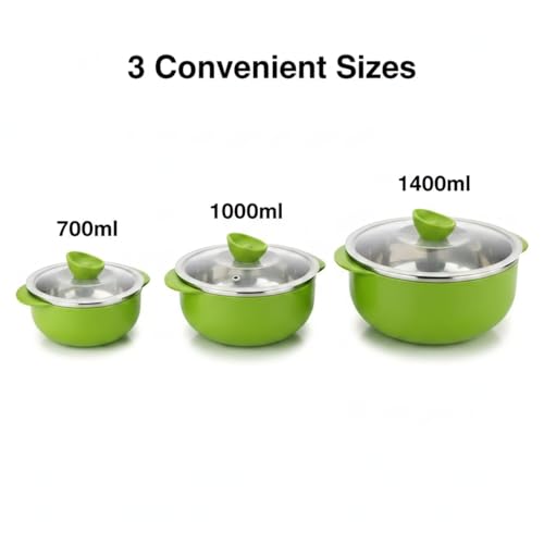 Image of Premium Stainless Steel Bowl Set of 3 | Microwave Safe Bowls with Lids | Mixing & Serving Bowls for Kitchen | Multi-Purpose Serving Bowls for Salad, Rice, Desert, Bowl Set (Green)