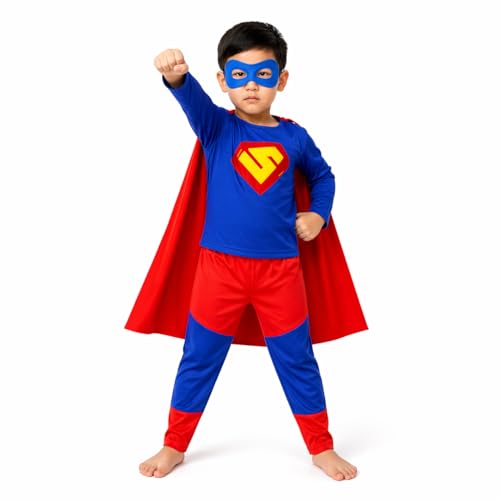 Image of Raj Costume Boys Superhero Costume Set with Mask | Blue Red Full Sleeve T-Shirt & Track Pants | Kids Fancy Dress for Birthday Party, School Function|Stretchable Comfortable