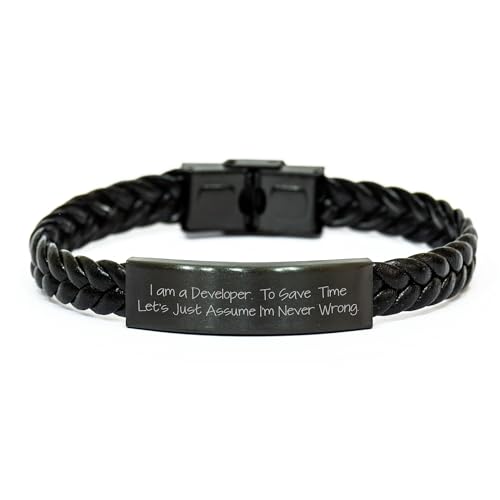 Developer Gifts: Funny Interlaced Leather Bracelet with Quote 'I Am A Developer. To Save Time Let's Just Assume I'm Never Wrong.' Birthday Present for Men