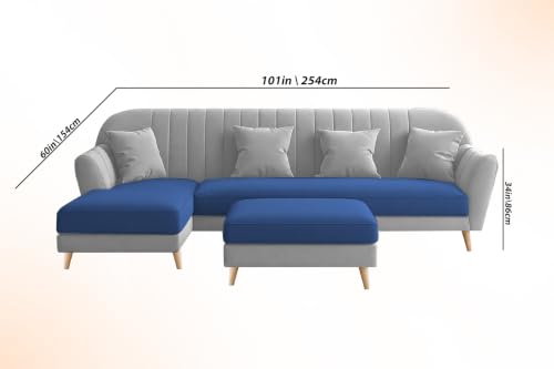 Image of Atticus LHS 6 Seater L Shape Sofa Set with Ottoman Living Room (Blue Grey Colour Fabric) Premium Fabric Sofa Set for Living Room