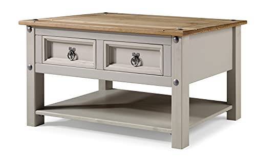 Corona Grey Wax Coffee Table with 2 Drawers & Shelf