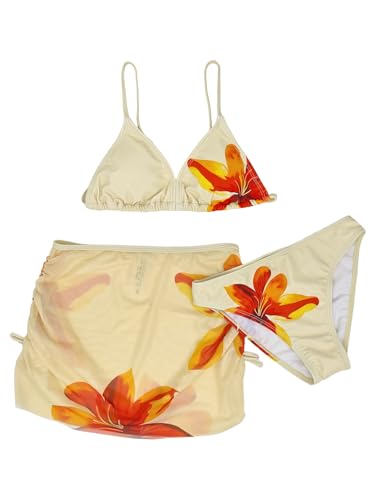Image of Girl's 3 Piece Sets Floral Print Bikini Swimsuit High Waisted Bathing Suits with Beach Skirt Coverups