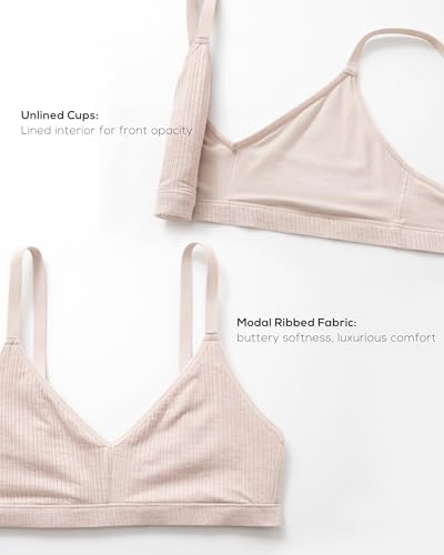 Image of Natrelax Modal Ribbed V Neck Bralette | Semi Sheer Fabric, Wireless Unlined, Double Layers, Adjustable Straps, No Underwire, Comfort Soft, Bras for Women