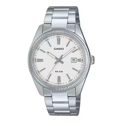 Casio MTP-1302DA-7AV Analoge Herrenuhr, weißes Zifferblatt, Edelstahl, Datum, Mineralglas, 50M WR - Ref. MTP-1302DA-7AV