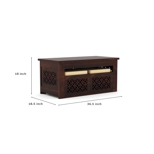 Image of Solid Sheesham Wood Coffee Table with 2 Stools for Home, Office | Wooden Center Coffee Table for Living Room, Center Table with Shelf Storage | (CNC- Walnut Finish)