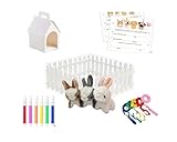 Generisch Tieradoptions-Partyset für 10 Kinder, mit Plüschtieren, Adoptionsurkunden, Tierhäusern zum Bemalen und Filzstiften 54 Teilig (Adoptions-Set Hase mit Zaun)