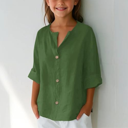 Cotton Linen Shirts for Girls Summer 2025 V Neck 3/4 Sleeve Button Down Tops Kids Loose Vacation Beach Solid Blouses Tunic4