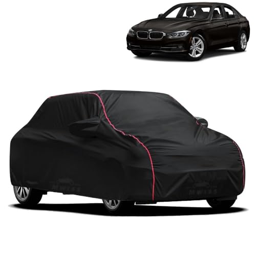Image of Waterproof Car Cover for BMW 328i | All-Weather Protection, Dustproof & UV Resistant | Triple Stitched Mirror Pockets, Windproof Buckle Strap with Elastic Hem, Black-Red Piping