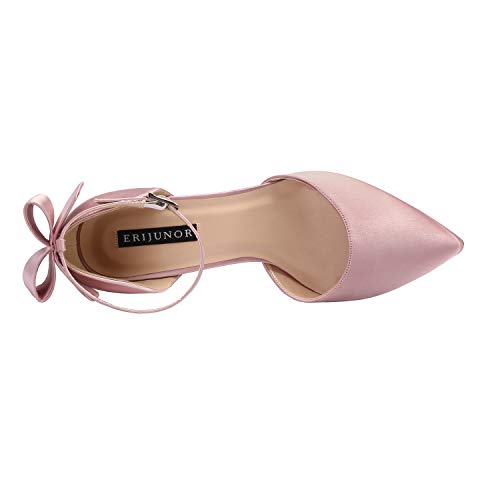 Image of ERIJUNOR Wedding Evening Party Shoes Comfortable Mid Heels Pumps with Bow Knot Ankle Strap Wide Width Satin Shoes