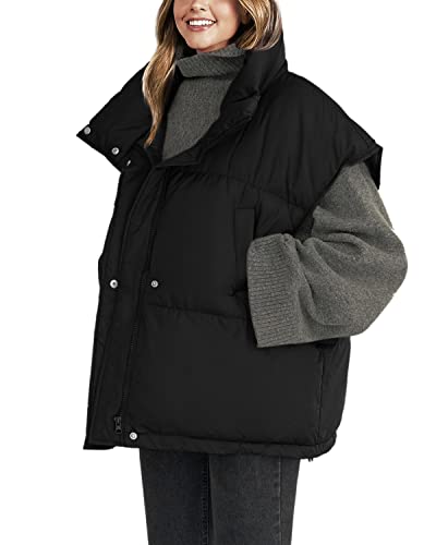 Veatzaer Womens Oversized Puffer Vest Outerwear Stand Collar Drawstring Hem Sleeveless Jackets Zip Warm Winter Coats3