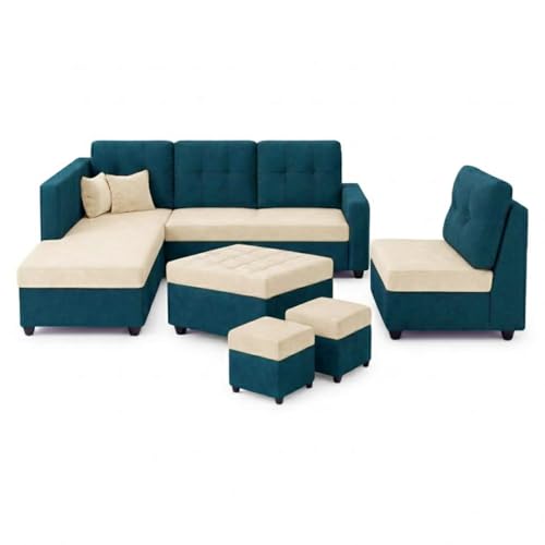 Image of FURNY Nathan 8 Seater L Shape Sofa Set LHS (Green Teal-Cream) | Suede Velvet Finish | Durable Comfort Sofa for Modern Living Room & Office Spaces