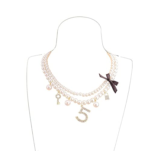Dainty Simulated Pearls Choker Layered Pearl Necklace Rhinestone Number 5 Dangle Necklace for Women Party Jewelry Gifts