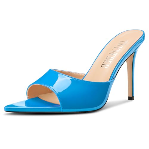Image of TNYNFBEB Womens Stiletto High Peep Open Pointed Toe Sandals Mules Shoes Slip-on Slingback Office Party Dress Patent Leather Summer 3.9 Inches Heels