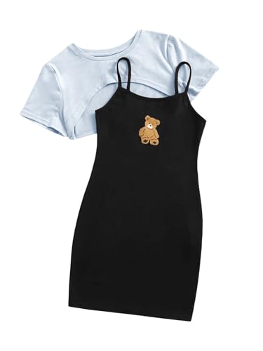 Image of SOLY HUX Girl's 2 Piece Outfits Short Sleeve Crop Top and Cartoon Print Cami Dress Set