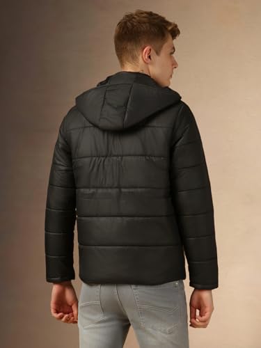 Image of Dennis Lingo Men Black Solid Regular Fit Full Sleeve Hooded Padded Jacket