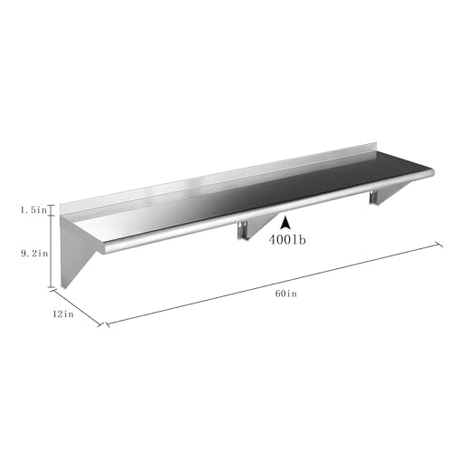 Image of ROCKPOINT Stainless Steel Shelf 12 x 60 Inches 400lb, 2 Pack NSF Commercial Wall Mount Floating Shelving with Backsplash for Restaurant, Kitchen, Home and Hotel, Silver