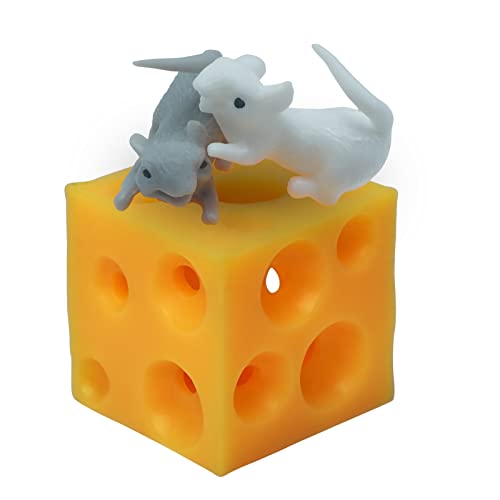 Image of Stretchy Cheese and Mice Toy , 2 Squishable Mouse and Cheese Block Toys, 2 Cute mice and a Cheese Toy，Squeeze Food and Animal Toys,Stress Busting Fidget Toy.