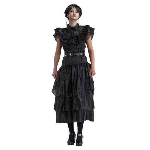 Chaks - Miércoles vestido de baile, disfraz para adultos, vestido y cinturón en negro, traje para Halloween y carnaval