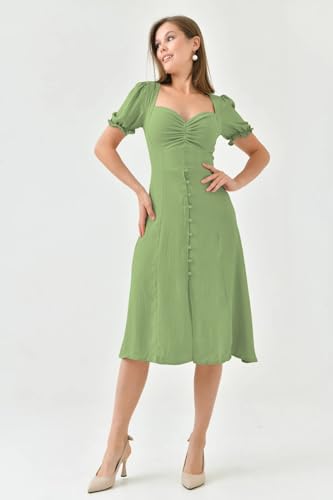 Image of Shasmi Girl's & Women's Solid Midi Dress - Elegant Square Neck Button-Down Dress with Puff Short Sleeves | Stylish Casual & Party & Office Wear Outfit (Dress 105)