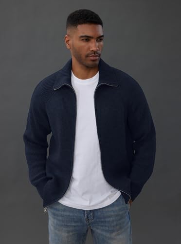 PJ PAUL JONES Men's Full Zip Cardigan Sweaters Unisex Relax Fit Lapel Collar Raglan Sleeve Casual Ribbed Sweater