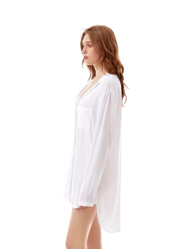 Image of TOUSYEA Sleep Shirts for Women Button Down Shirts Long Sleeve Sleepwear Swimsuit Cover Ups Soft Pajama Tops