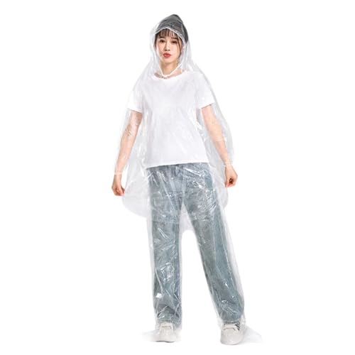 5 Pack Disposable One-Piece Rain Poncho with Pants for Adults, 70g PE Clear Plastic Rain Suit with Drawstring Hood for Men Women Travel Hiking Camping Emergency
